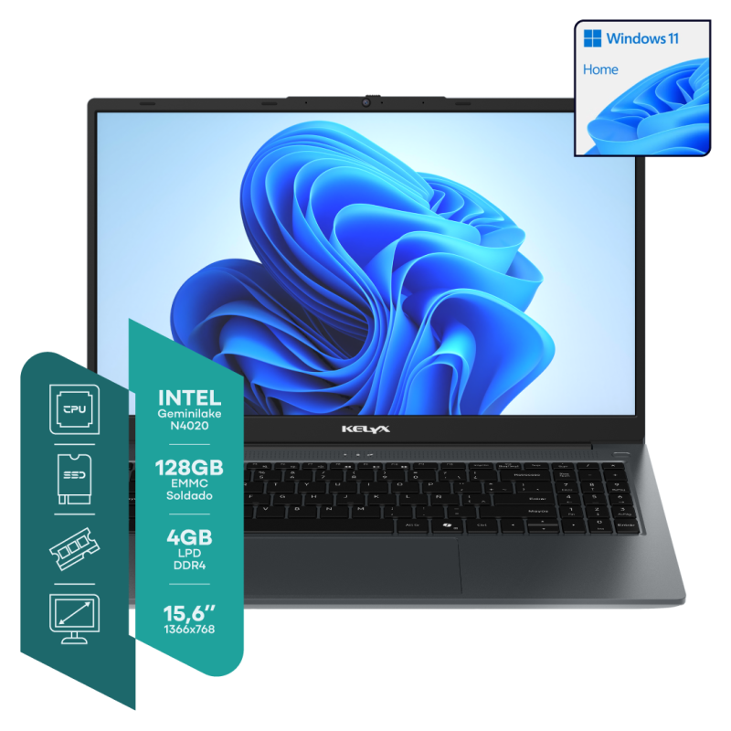 Notebook Kelyx 15.6 Intel Celeron N4020 4Gb Ssd 128Gb Win 11 Home Gris Claro