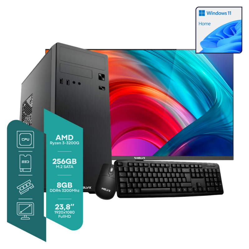 Sist. Kelyx Amd Ryzen 3-3200G 8G M.2 256G Win 11H + Monitor 23.8