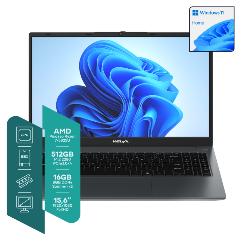 Notebook Kelyx 15.6 Fhd Amd Ryzen 7-5825U 16Gb M.2 512Gb Win 11 Home Gris Oscuro