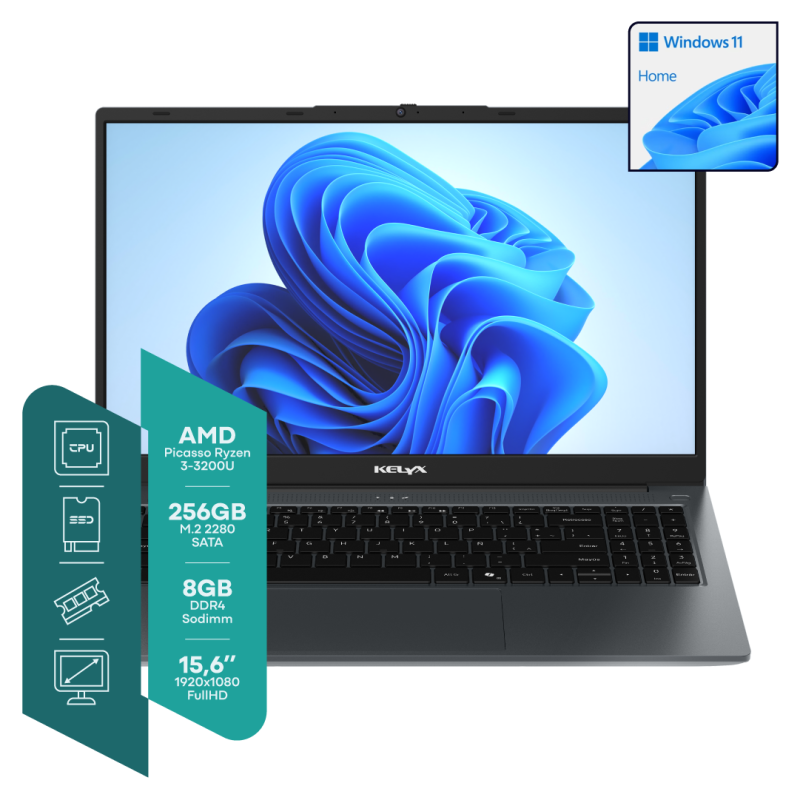 Notebook Kelyx 15.6 Fhd Amd Ryzen 3-3200U 8Gb M.2 256Gb Win 11 Home Gris Oscuro